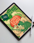 Image shows: an iPad Pro tablet with an Apple Pencil stylus balancing on the corner. The screen shows the front cover for Greenheart. A giant turnip monster approaches an armour clad warrior wielding a sword and dagger, who stands between the monster and us the viewer.